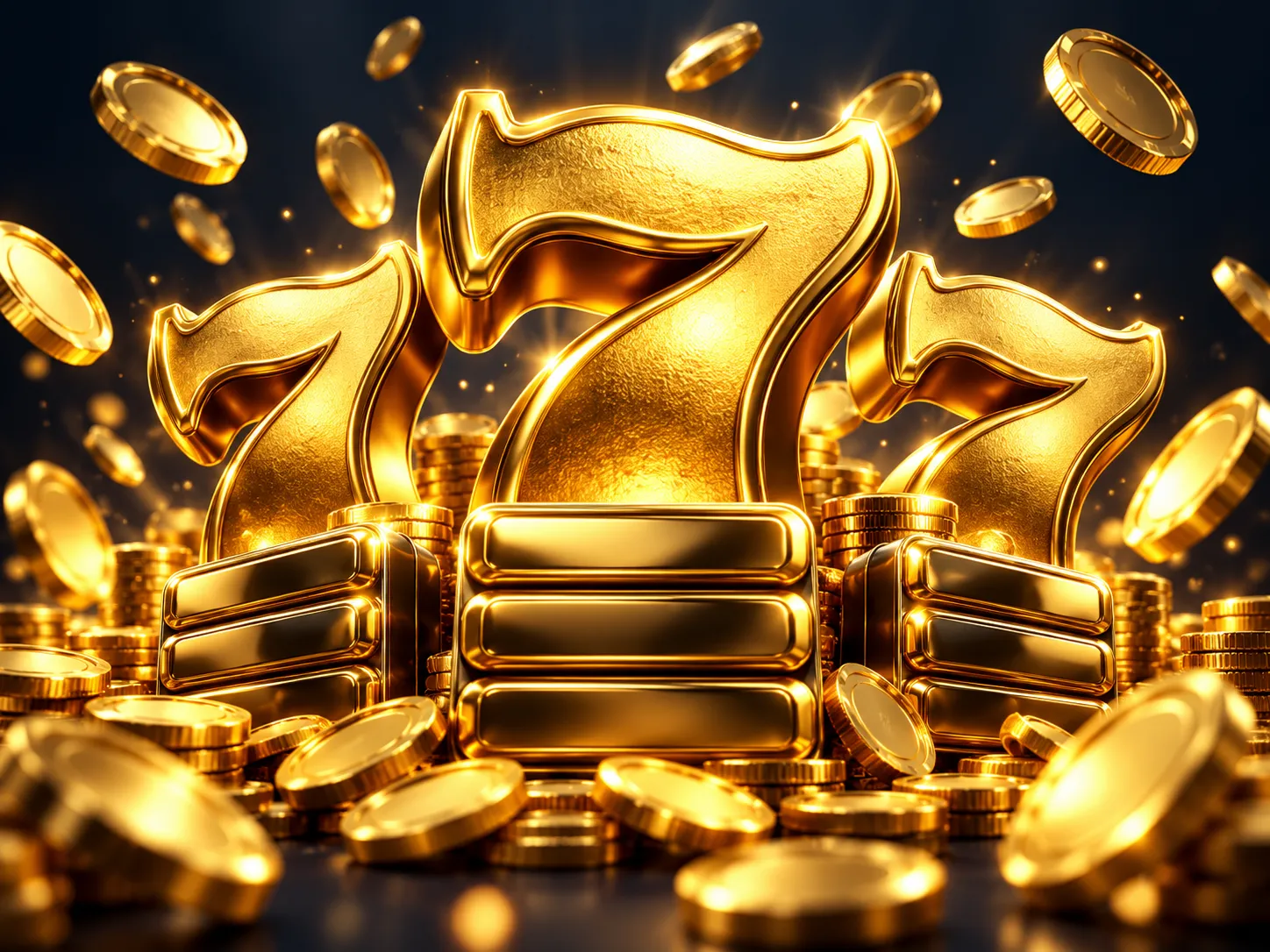 Glossy 3D gold seven symbols and bar icons surrounded by cascading coins on a dark navy-charcoal background with cinematic li