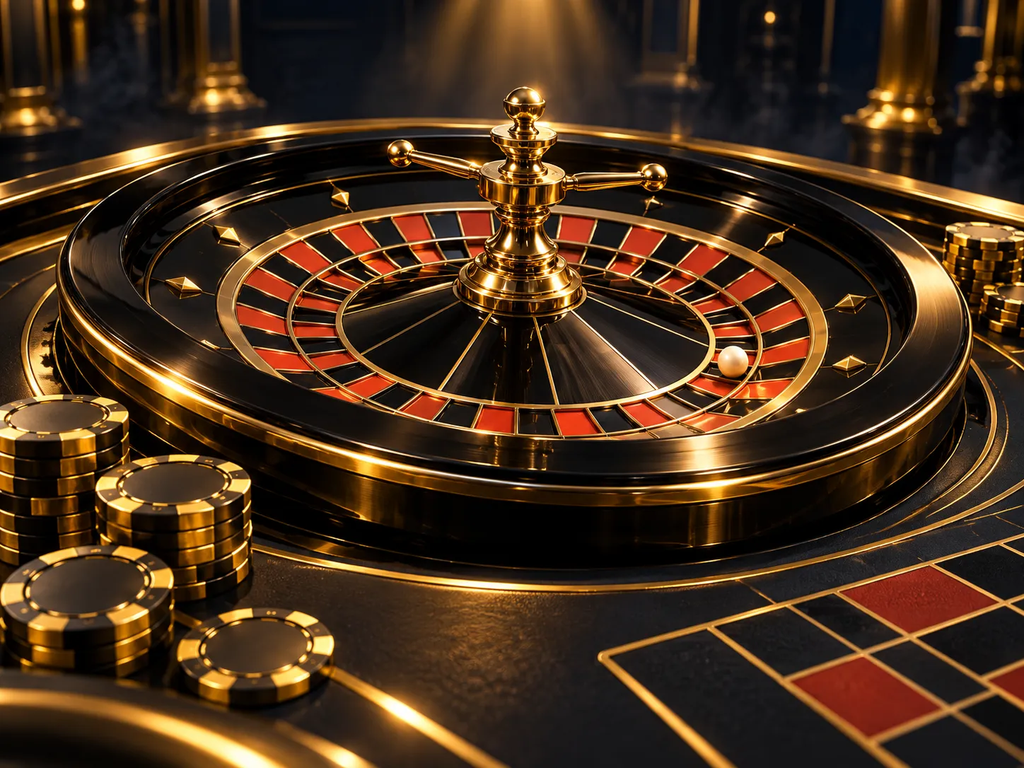 Dramatic black-and-gold live roulette wheel centred under cinematic spotlight on dark navy-charcoal background with warm gold