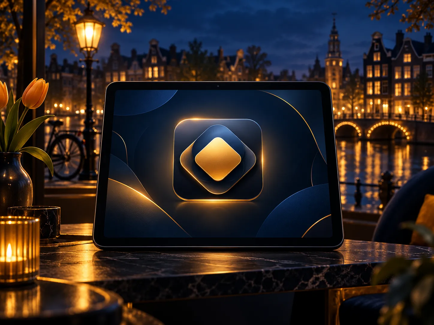 Luxurious digital illustration of an abstract app icon being pinned to a glowing home screen interface, deep navy and gold pa