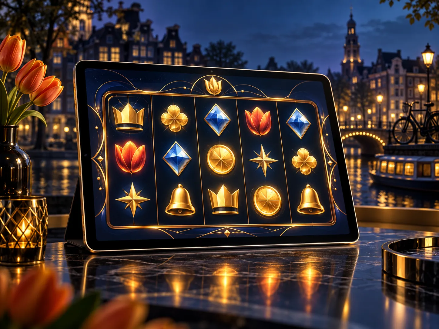 Abstract demo slot game on a tablet with gold accents, deep navy background and subtle Dutch canal-house silhouette highlight