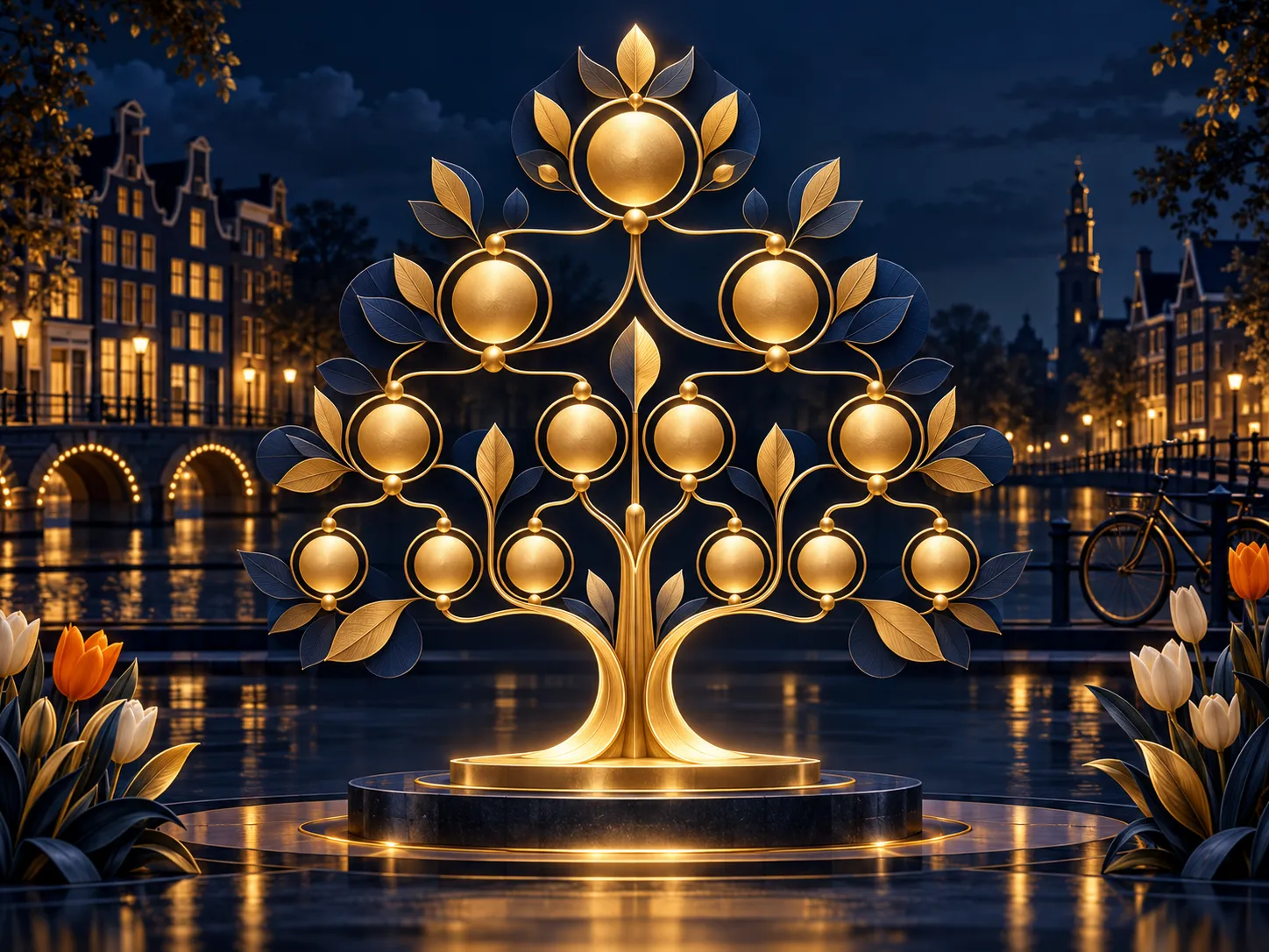 Luxurious abstract family tree diagram with gold geometric shapes on deep navy, Dutch canal silhouette accents, cinematic sof