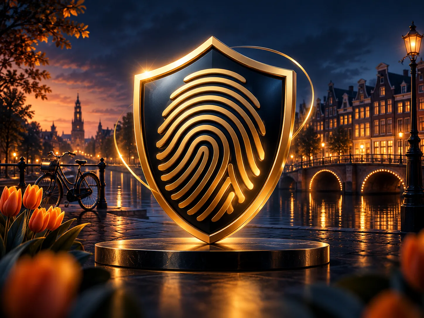 Abstract digital fingerprint and shield icon composition in deep navy and gold, evoking trust and secure identity on a Dutch
