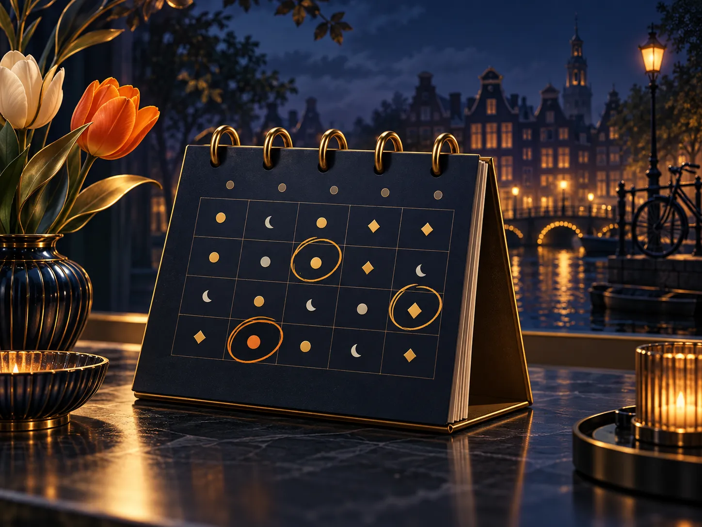 Luxurious abstract calendar with gold-highlighted circled days on deep navy background with subtle Dutch canal-house silhouet