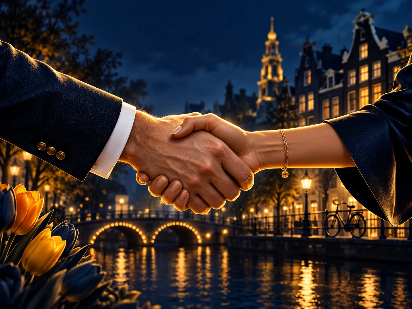 Abstract handshake silhouette in deep navy and gold, evoking trust and partnership for a premium Dutch online casino brand.