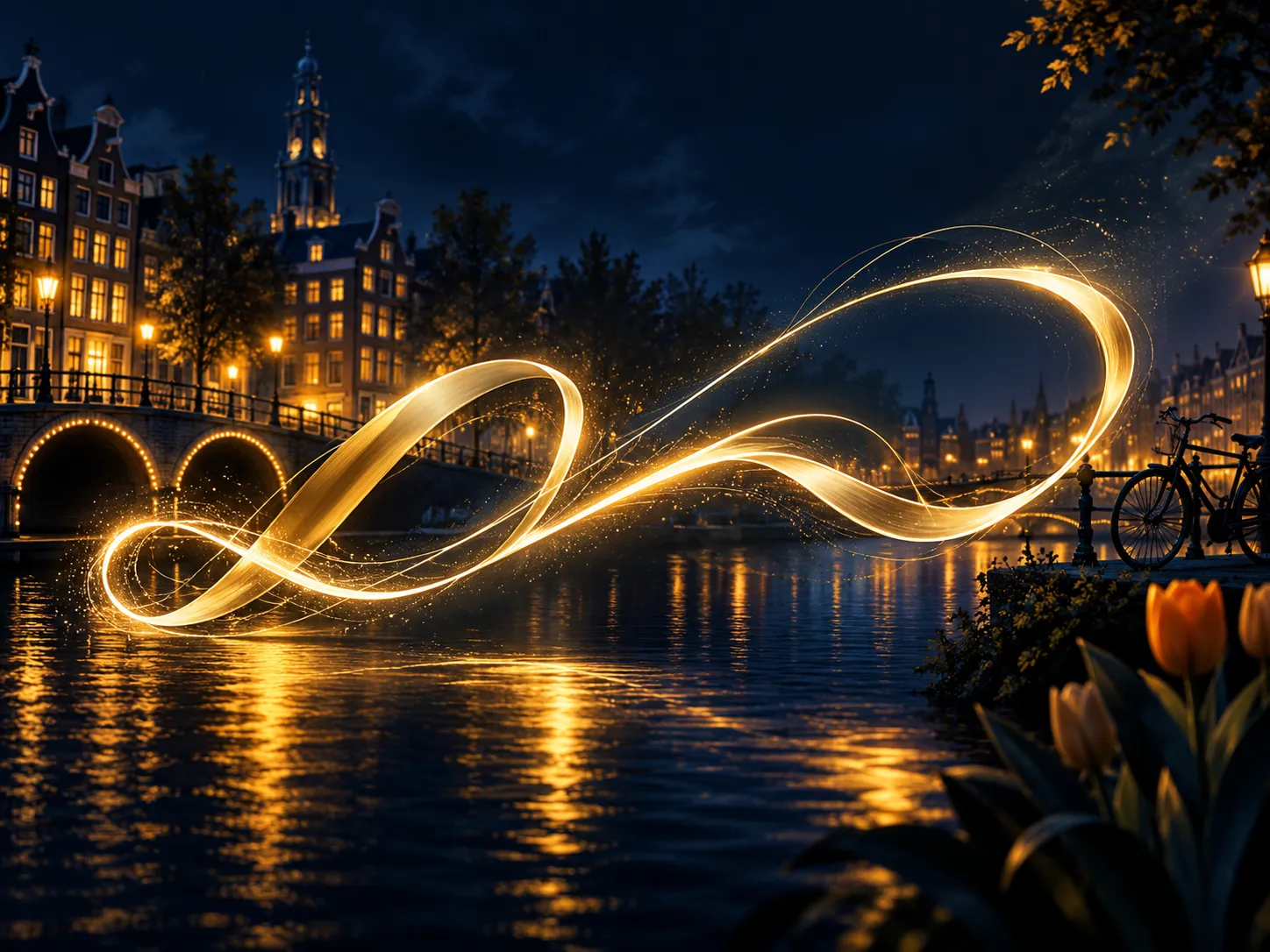 Abstract glowing signature line in gold light against deep navy, with subtle Dutch canal-house silhouette and tulip accents i