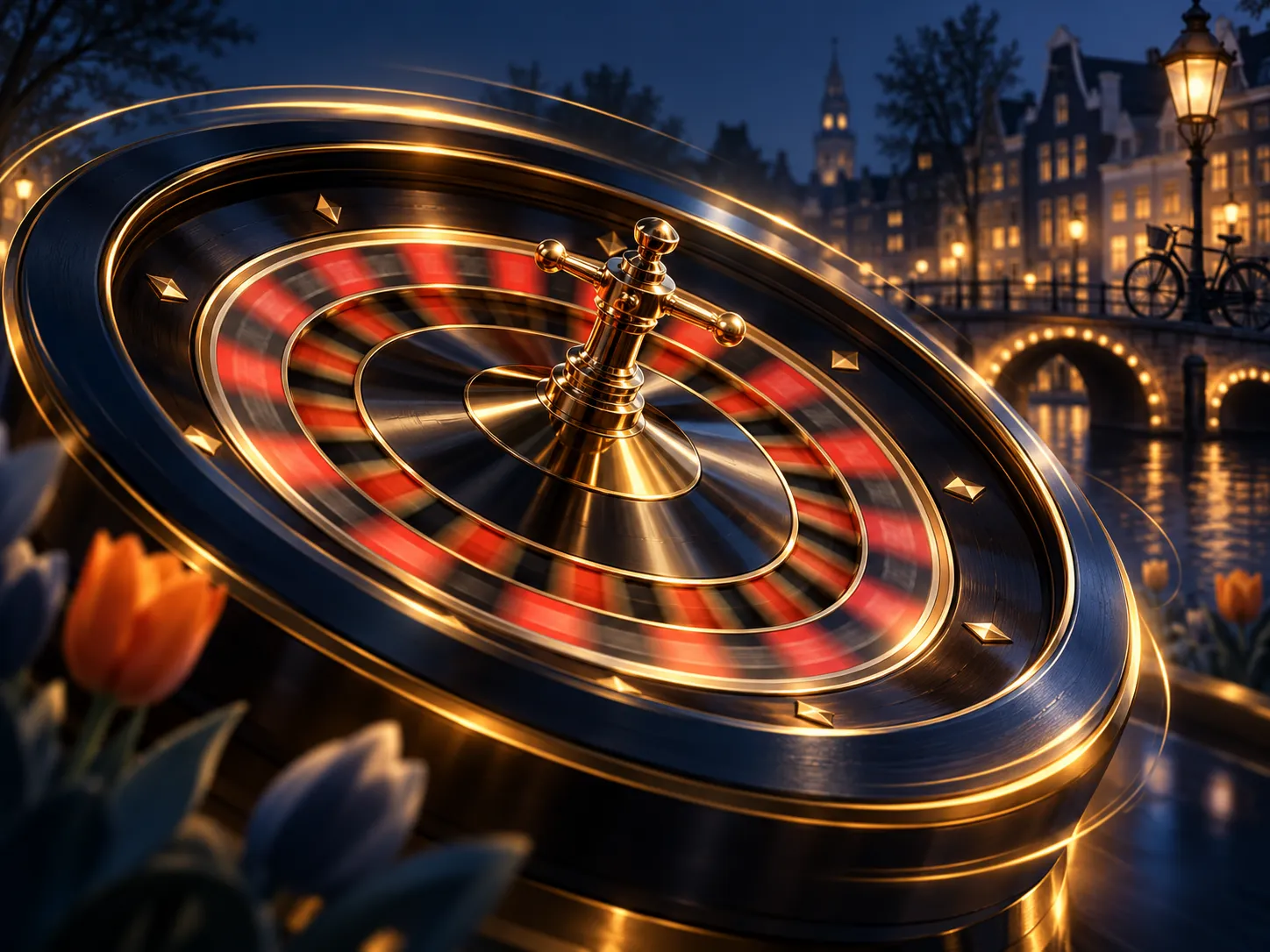 Abstract roulette wheel spinning in motion, deep navy and midnight blue background with rich gold highlights, luxurious Dutch