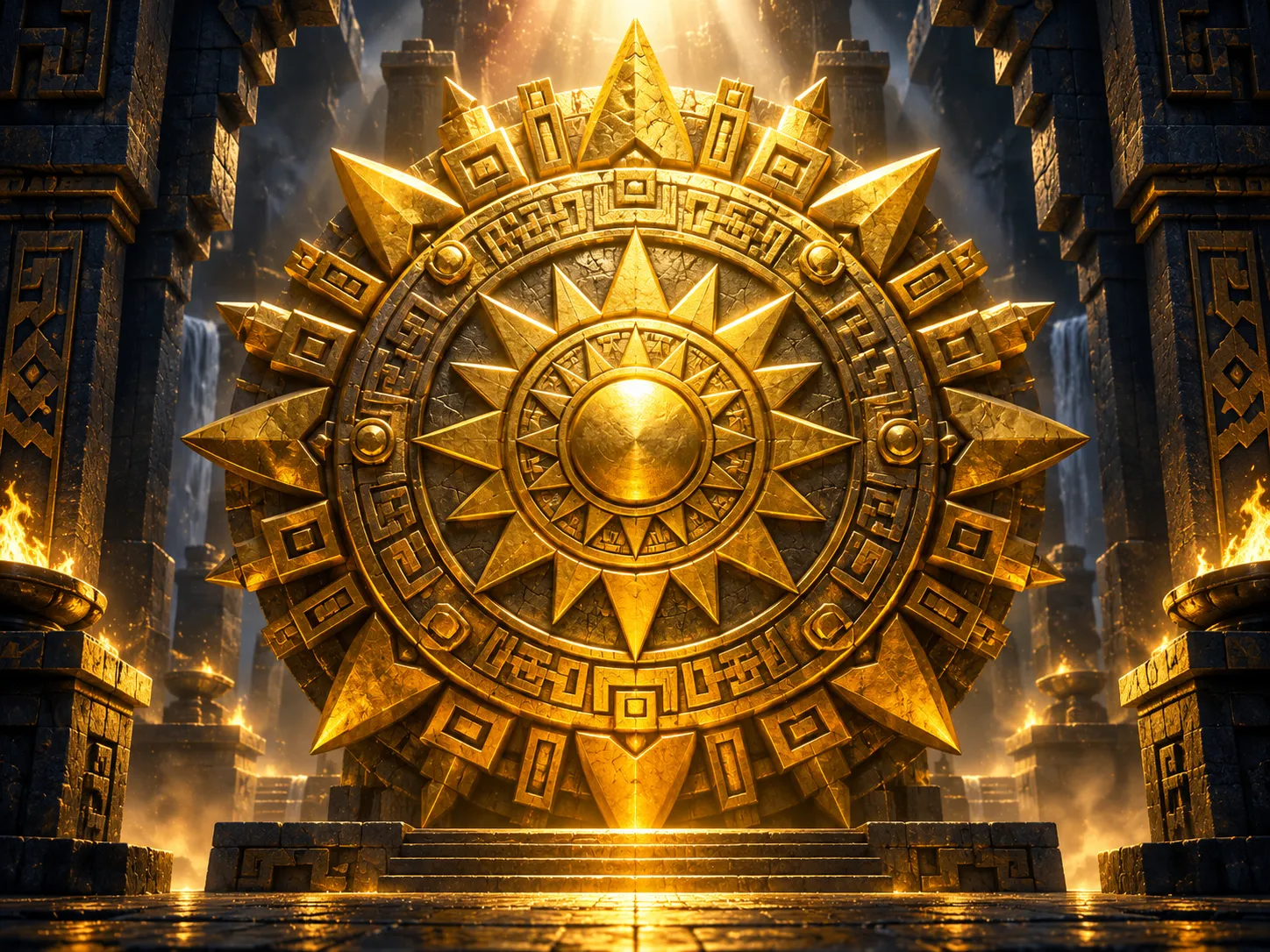 Glowing 3D Aztec sun stone in warm gold tones centred in a dark navy temple with dramatic cinematic lighting
