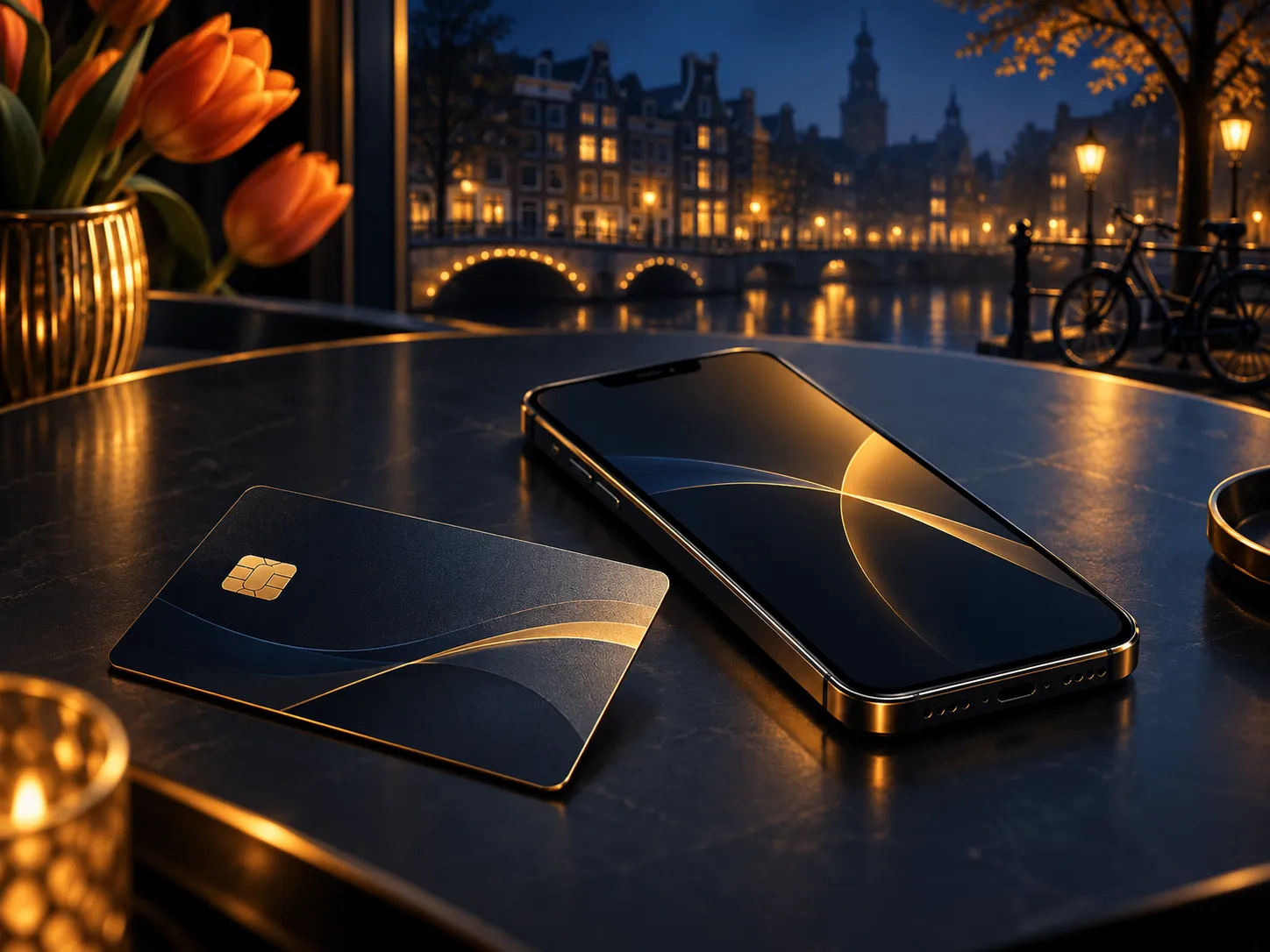 A sleek bank card and smartphone resting on a dark navy table with gold accents, abstract editorial illustration for Dutch on