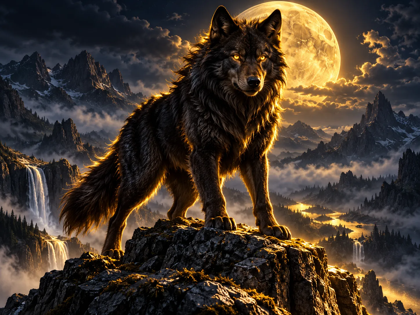 Dramatic black wolf with glowing gold eyes on a rocky cliff at night, cinematic lighting, deep navy background with warm gold