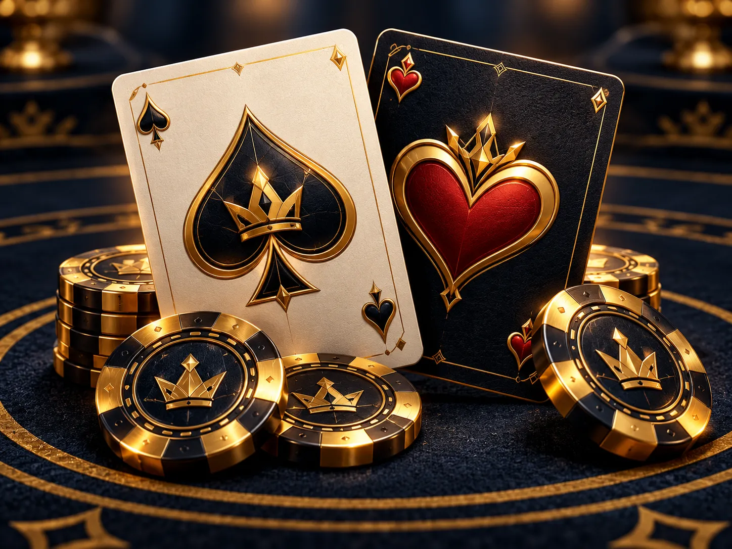 Glossy 3D rendered ace and king playing cards on dark navy felt surrounded by gleaming gold casino chips with dramatic cinema