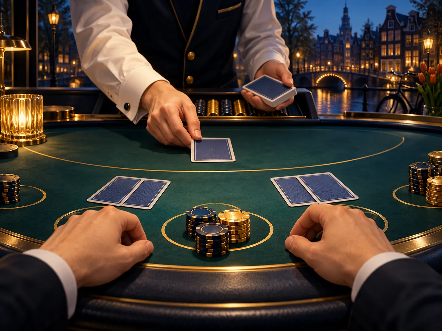 A luxurious semi-realistic blackjack hand dealt on green felt, deep navy and gold tones with subtle Dutch design accents.