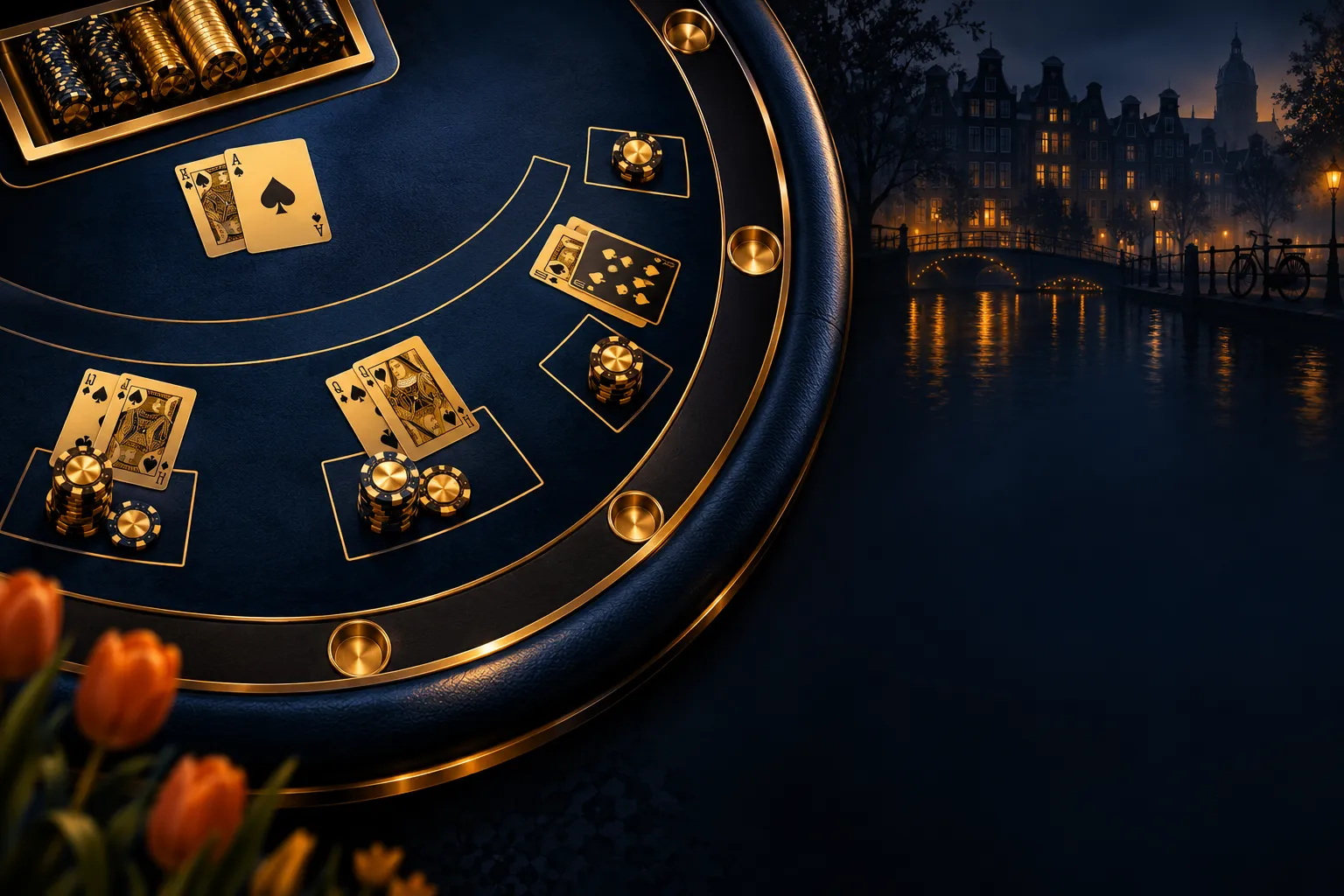 Aerial view of a dark navy blackjack table with gold-accented playing cards and casino chips, cinematic editorial style