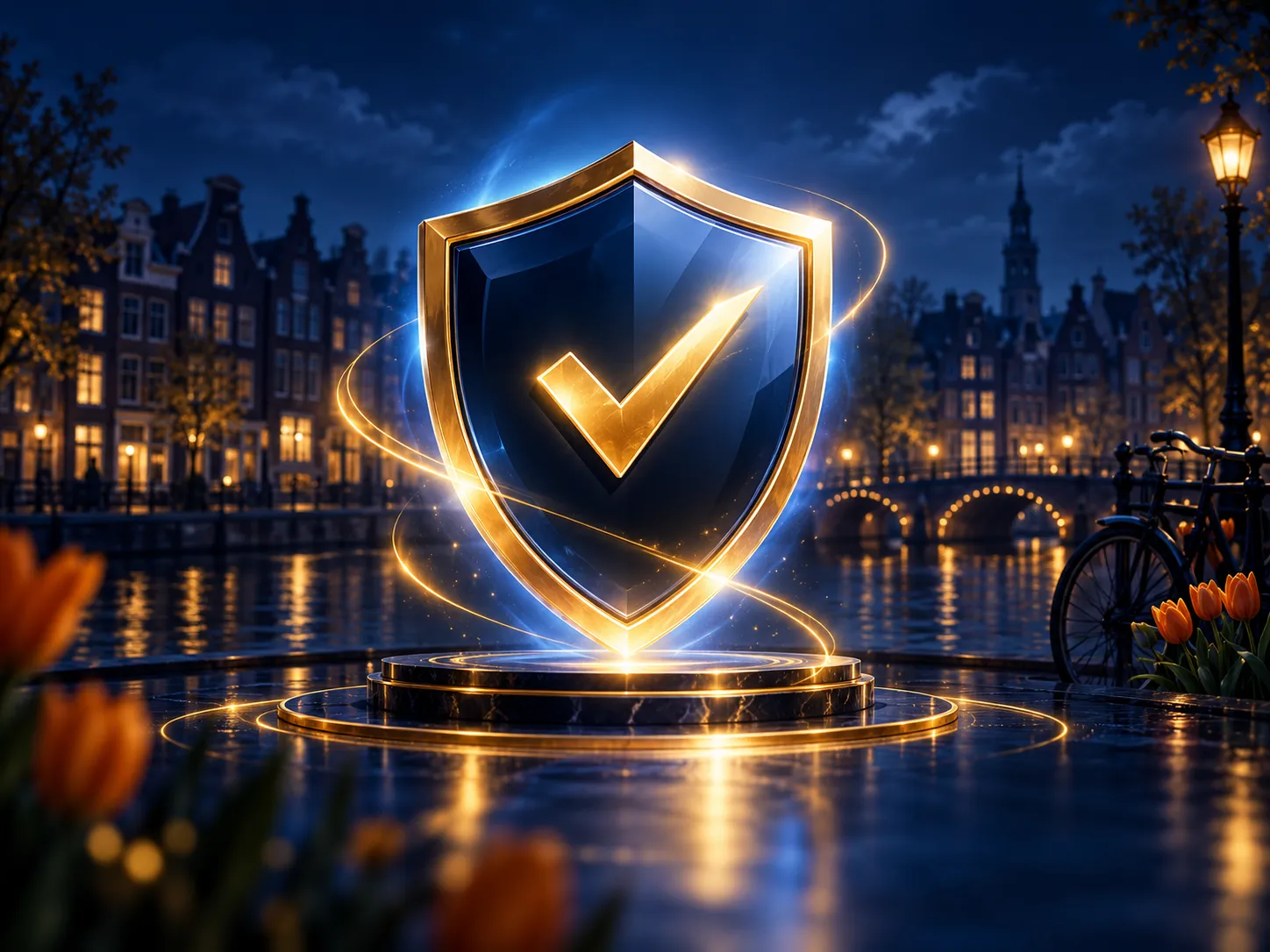 Abstract glowing shield with a golden checkmark bathed in deep blue cinematic light, evoking trust and security on a dark nav