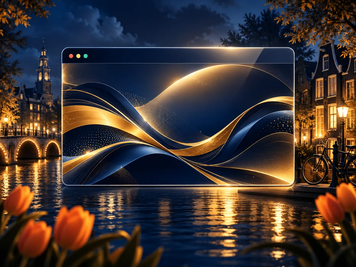 Luxurious dark-navy browser window displaying an abstract gold-accented banner with subtle Dutch canal-house silhouette accen