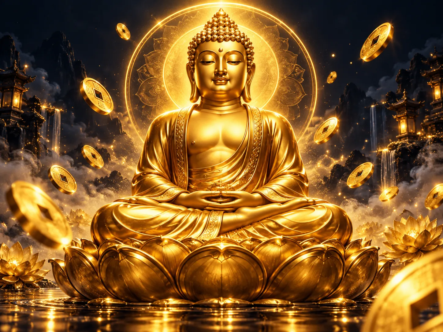 Serene golden 3D Buddha statue surrounded by glowing floating coins on dark navy-charcoal background with dramatic cinematic 