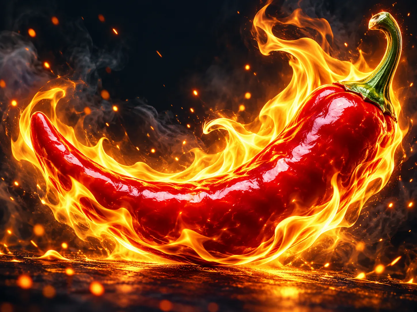 Glossy 3D red chilli pepper engulfed in dramatic gold flames against dark navy-charcoal background with cinematic lighting