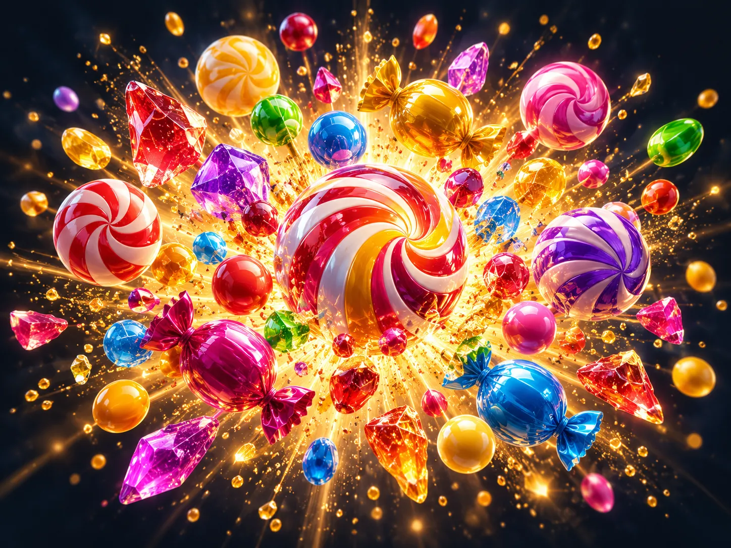 Glossy 3D exploding colourful candies bursting outward with warm gold sparkles on a dark navy-charcoal background