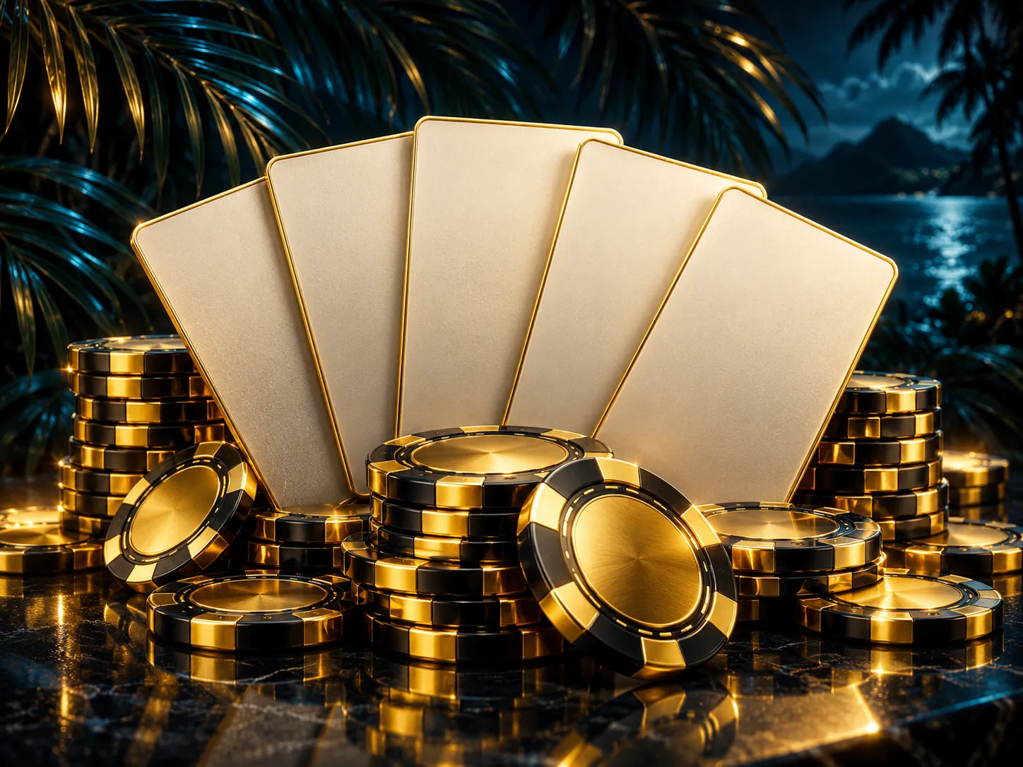 Five glossy poker cards fanned with gleaming gold casino chips against a dark navy-charcoal background with dramatic cinemati