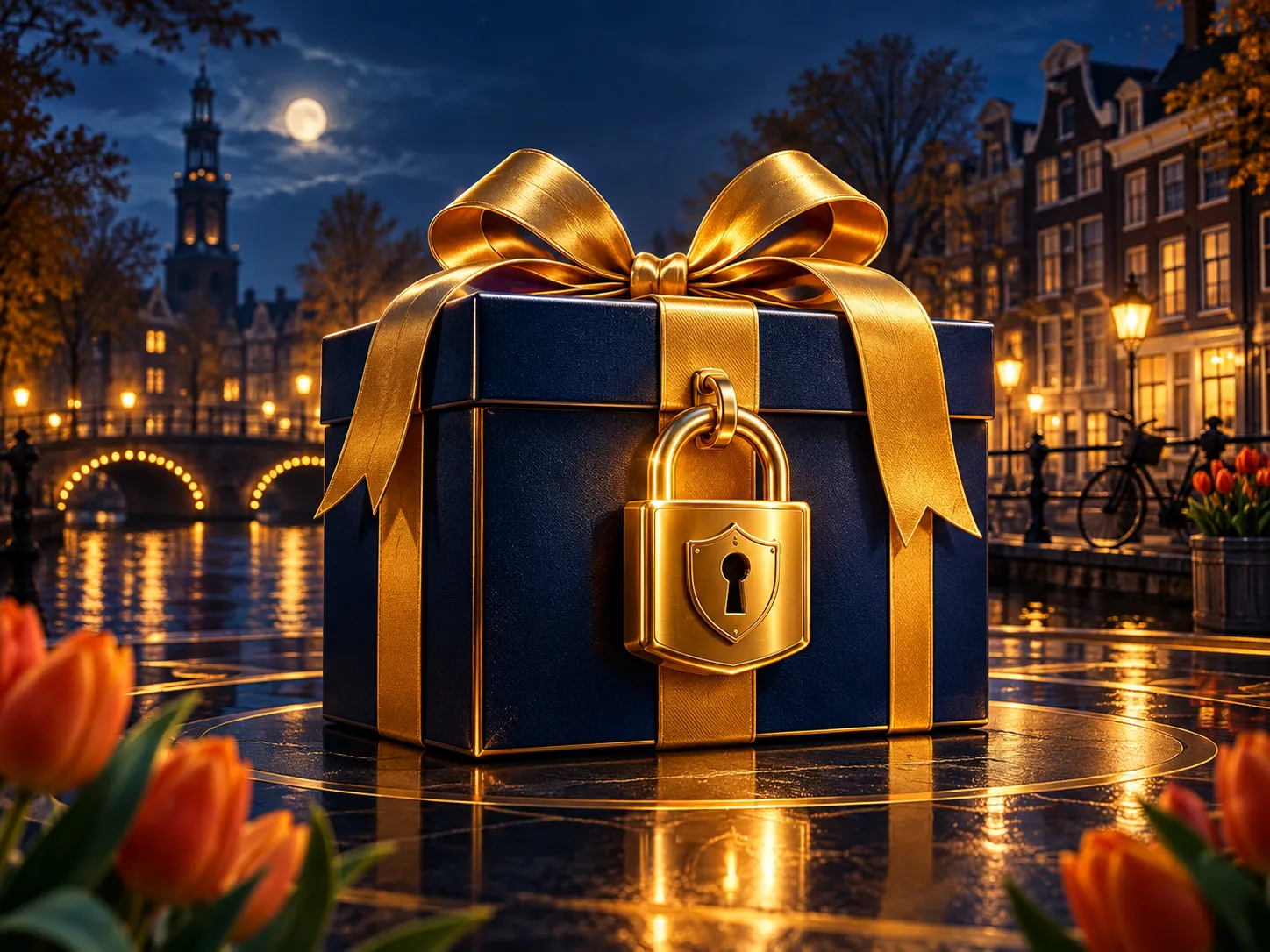 Luxurious gold gift box secured with a padlock on deep navy background, symbolising online casino bonus terms and conditions.