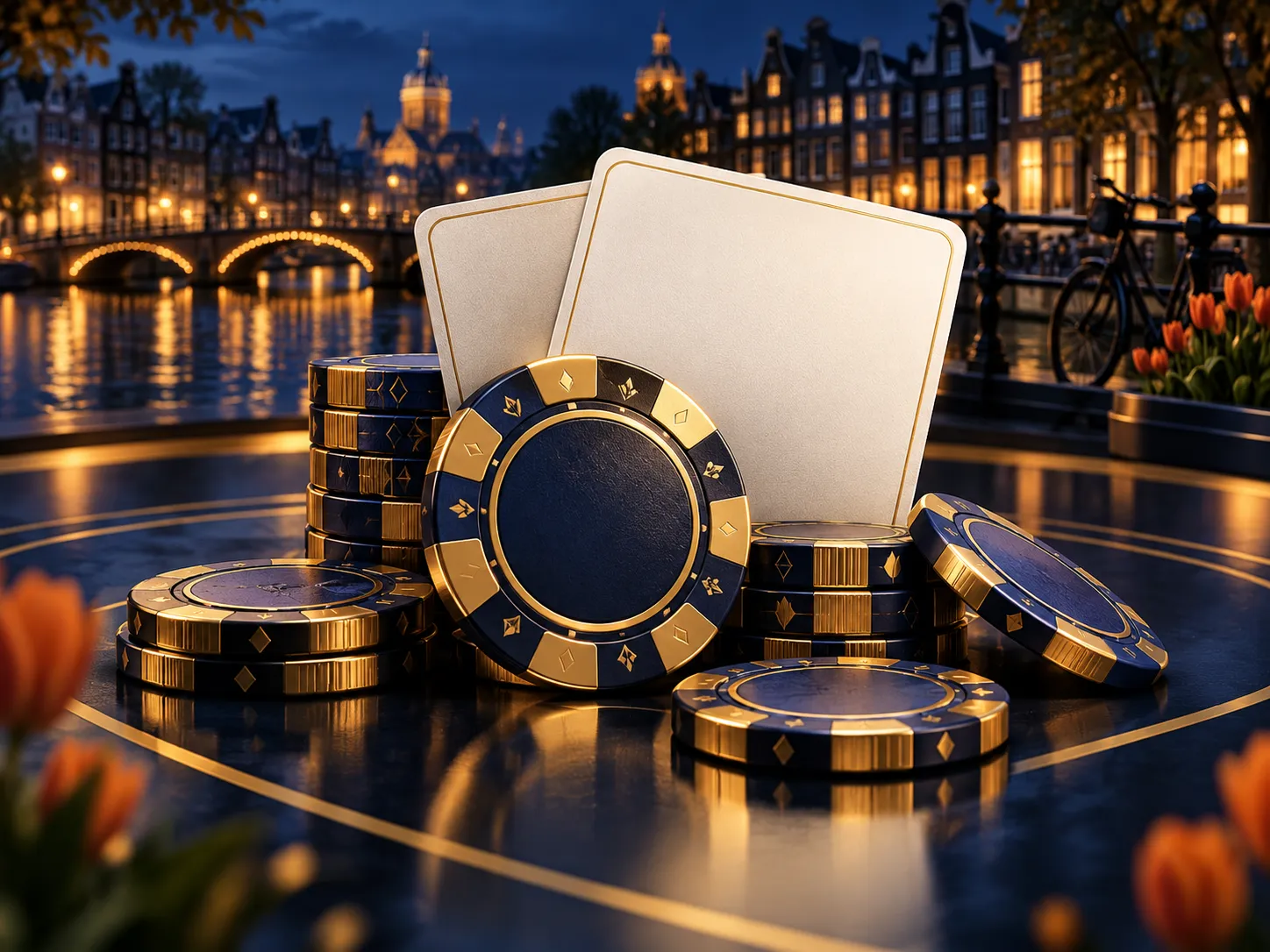 Luxurious close-up of golden casino chips and playing cards on deep navy background with soft cinematic lighting