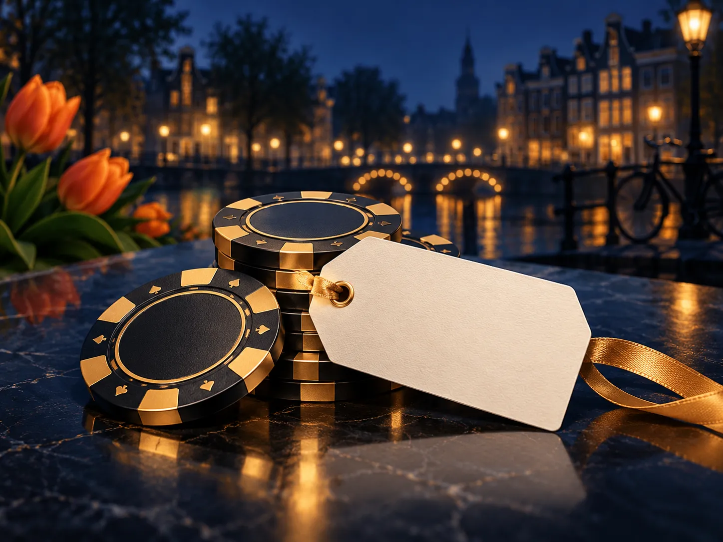 A handful of gold and navy casino chips with a small gift tag, cinematic soft lighting on a deep midnight blue background wit