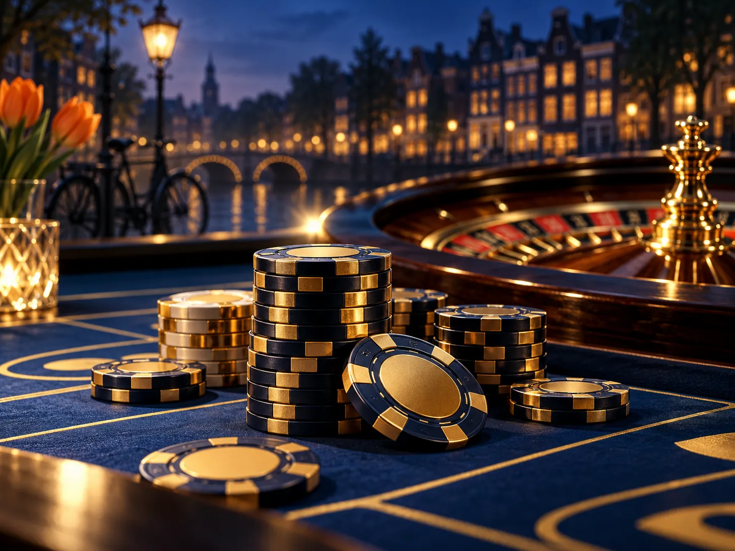 Luxury casino chips stacked on a roulette table with deep navy and gold tones, subtle Dutch canal-house silhouette in backgro