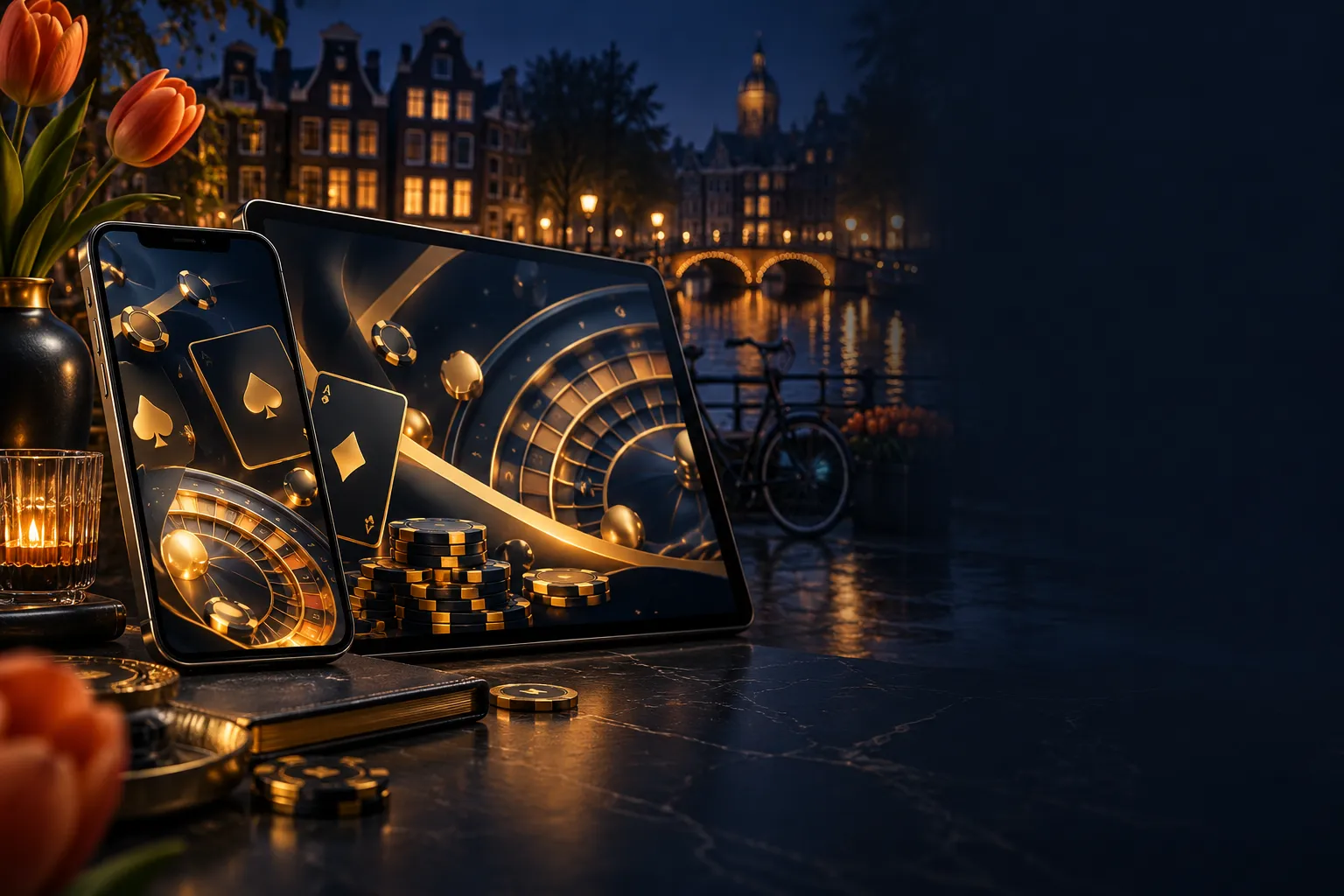 Smartphone and tablet on deep navy desk showing abstract casino interface with gold accents and subtle Dutch design elements