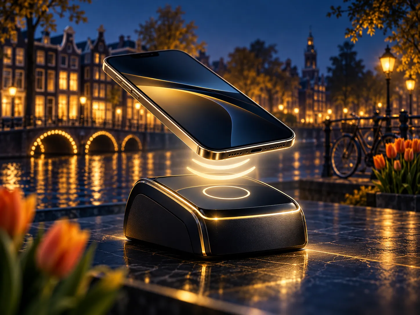Abstract contactless mobile payment illustration with gold highlights on deep navy background, subtle Dutch canal-house silho
