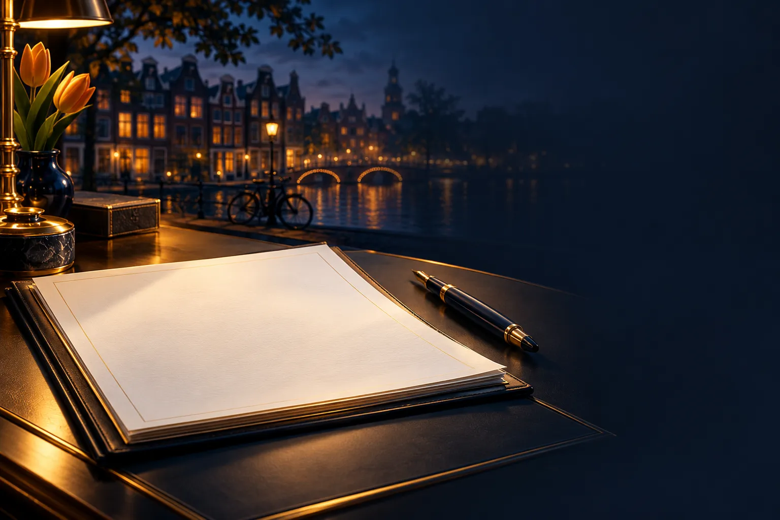 A contract document and pen resting on a dark navy desk with gold accents, editorial illustration for Dutch online casino lan