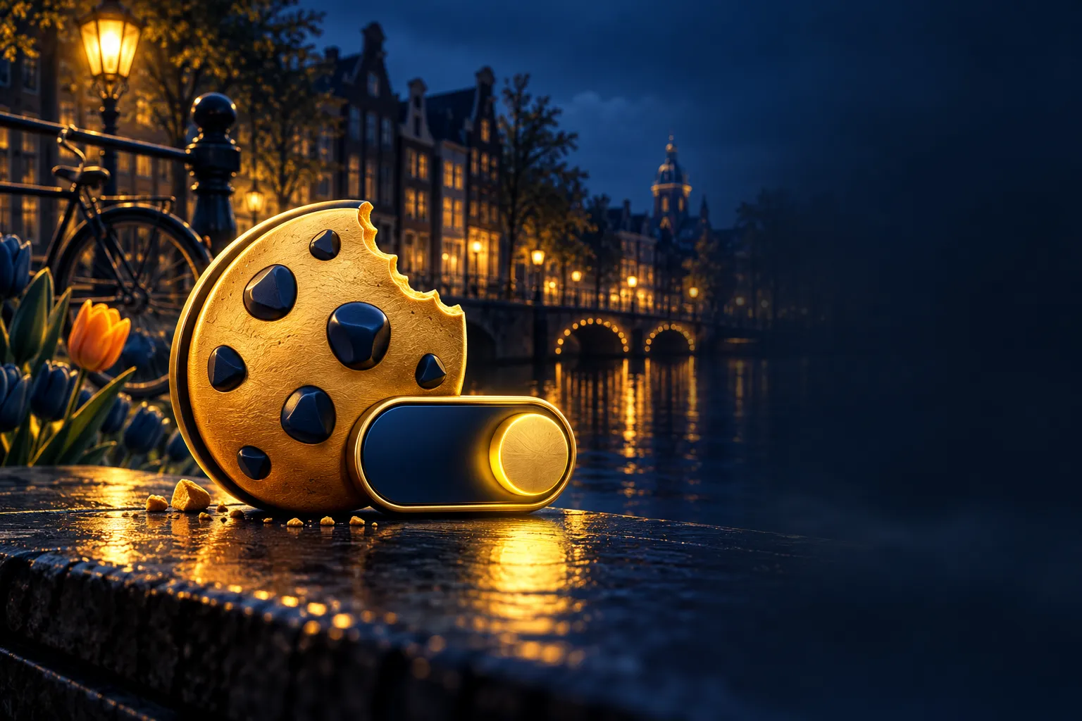 Minimal blue and gold cookie icon with toggle switch on deep navy background with subtle gold highlights