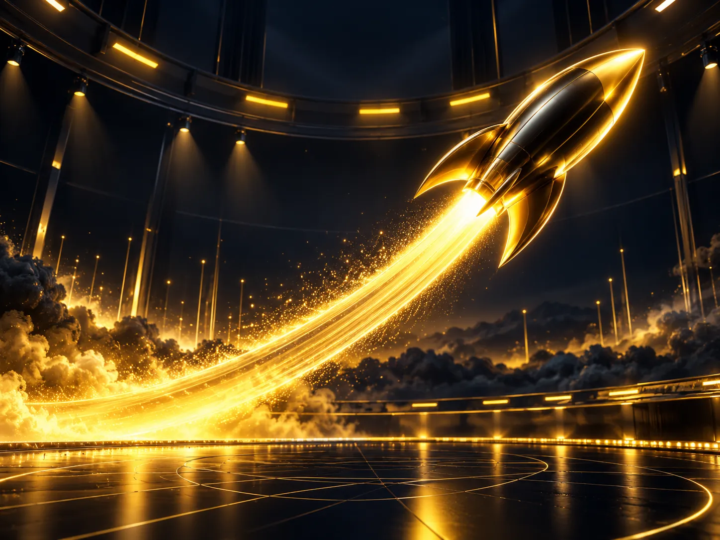 Bold glossy 3D gold rocket tracing a glowing curved arc over a dark navy charcoal live-studio grid with dramatic cinematic li