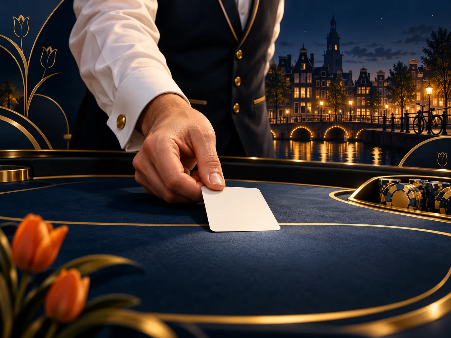 Elegant dealer hand dealing a playing card against a deep navy background with gold accents and subtle Dutch canal-house silh