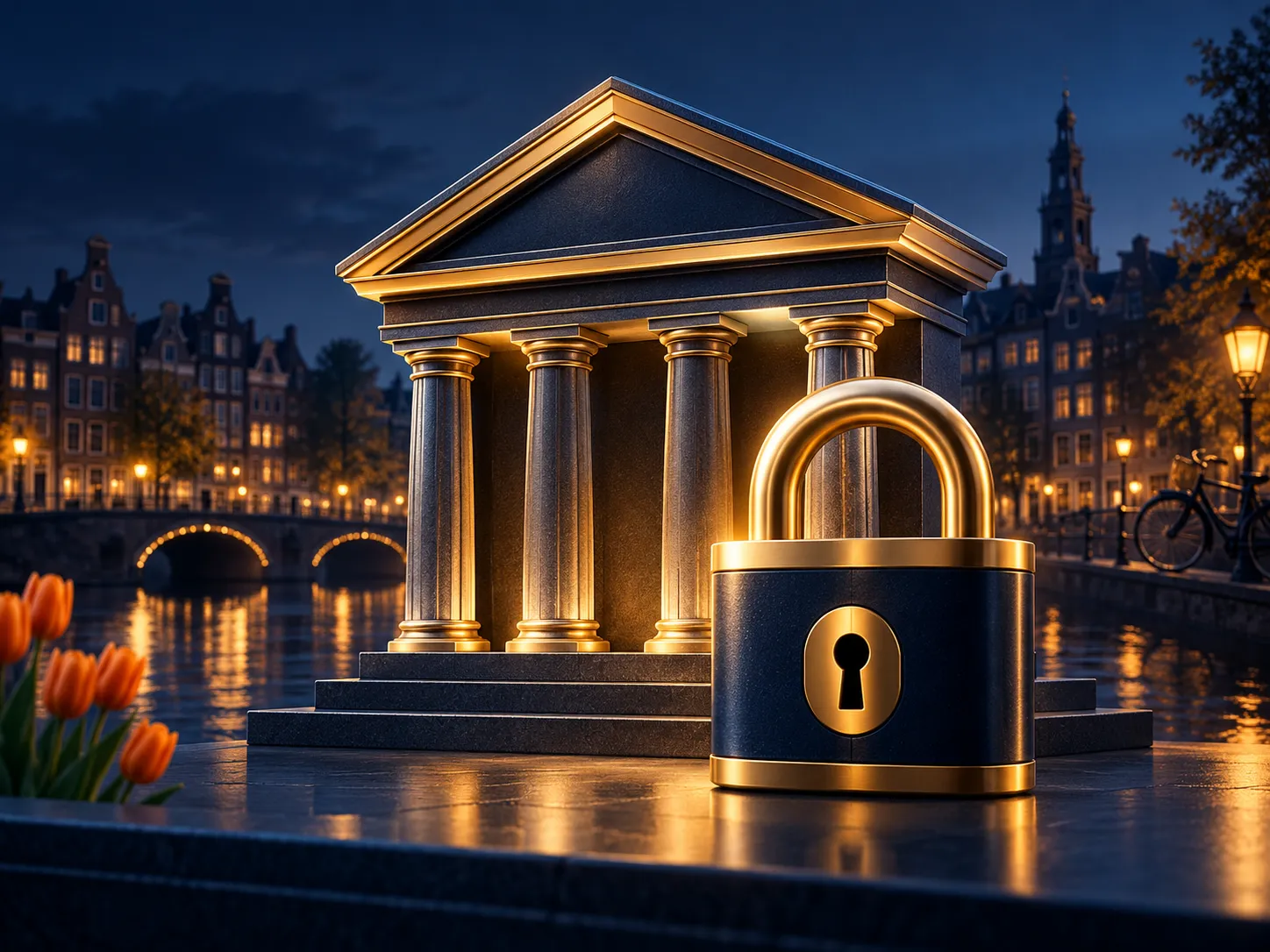 Minimalist gold padlock beside a bank building icon on deep navy background with Dutch canal-house silhouette accents