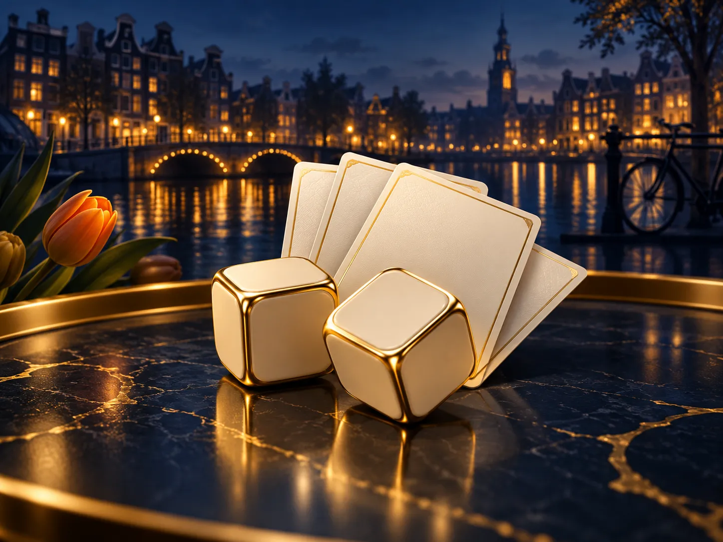 Minimalist luxury editorial illustration of dice and playing cards on deep navy background with gold highlights and subtle Du