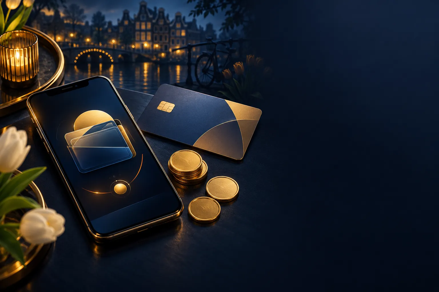 Flat lay of a bank card, smartphone with abstract wallet app, and gold coins on a deep navy surface with gold accents