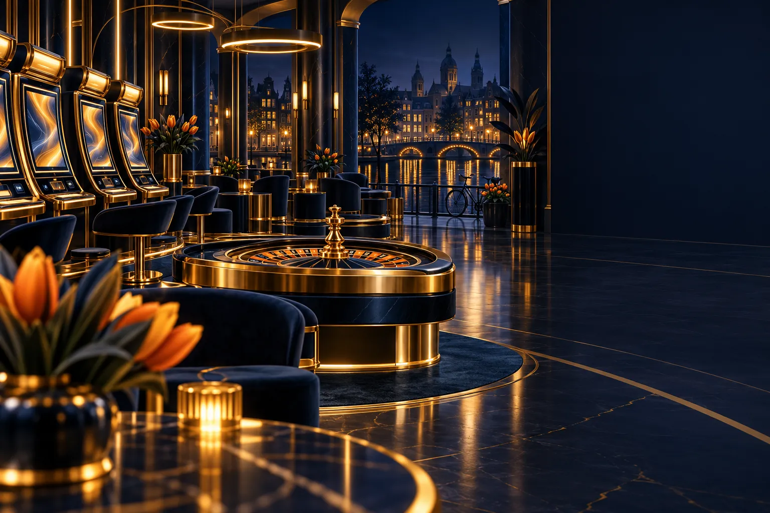 Luxurious dark navy casino lobby with golden accents, abstract slot machines, roulette wheel, and subtle Dutch skyline silhou