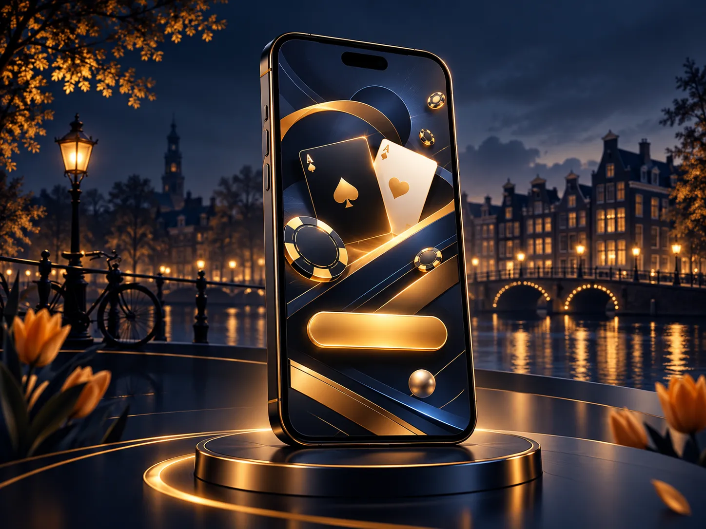 Luxurious semi-realistic illustration of a smartphone displaying an abstract casino action interface, deep navy background wi