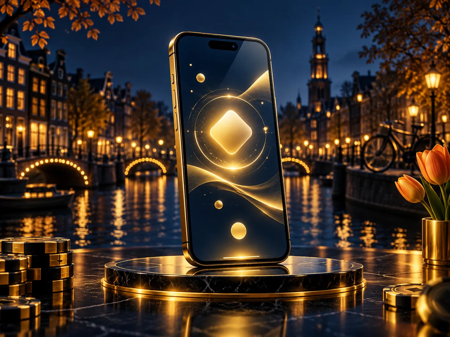 Luxurious semi-realistic illustration of a smartphone displaying an abstract payment-approved screen, gold highlights on deep