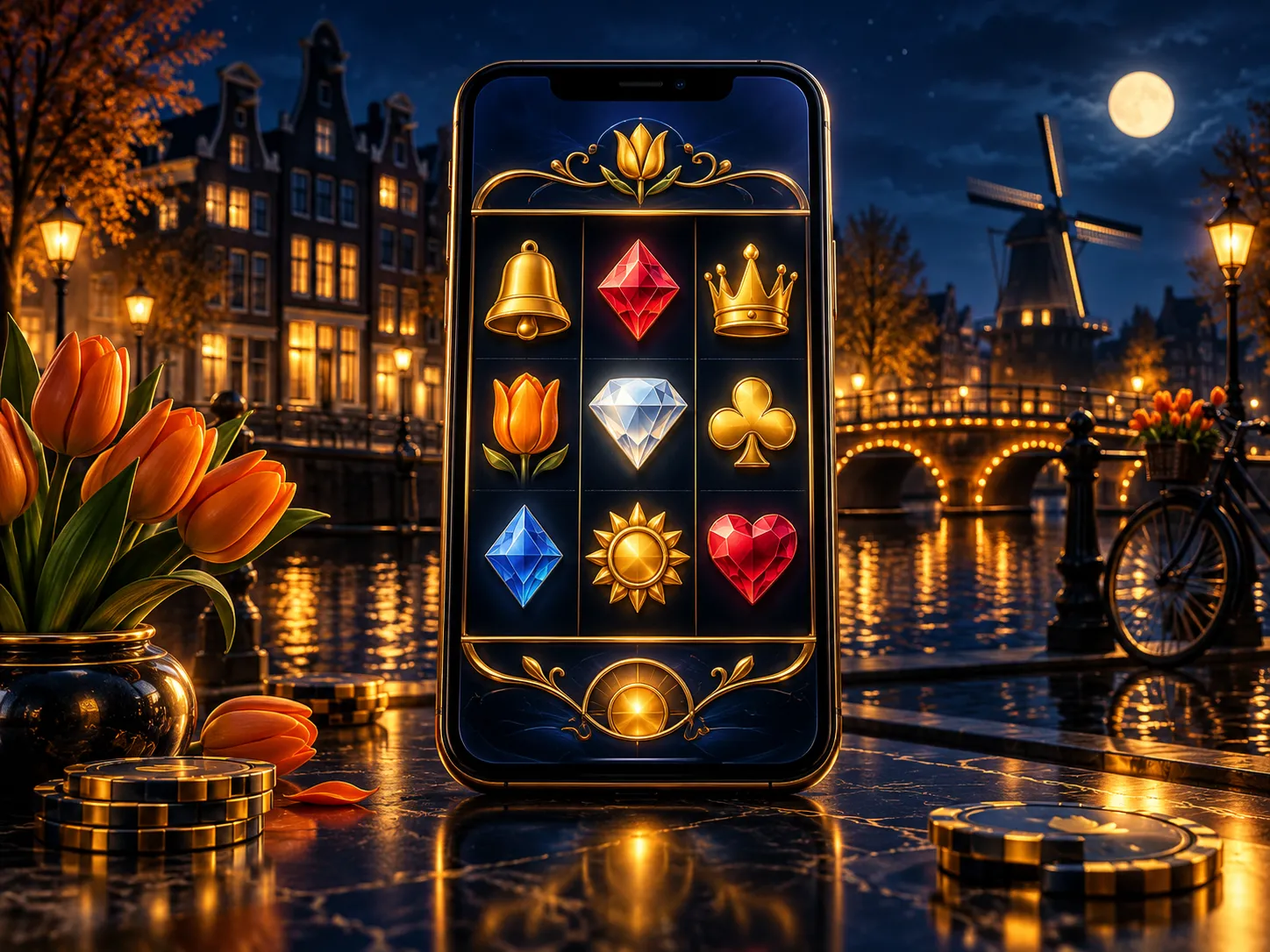 Luxury editorial illustration of a smartphone displaying an abstract slot game with gold highlights on a deep navy background