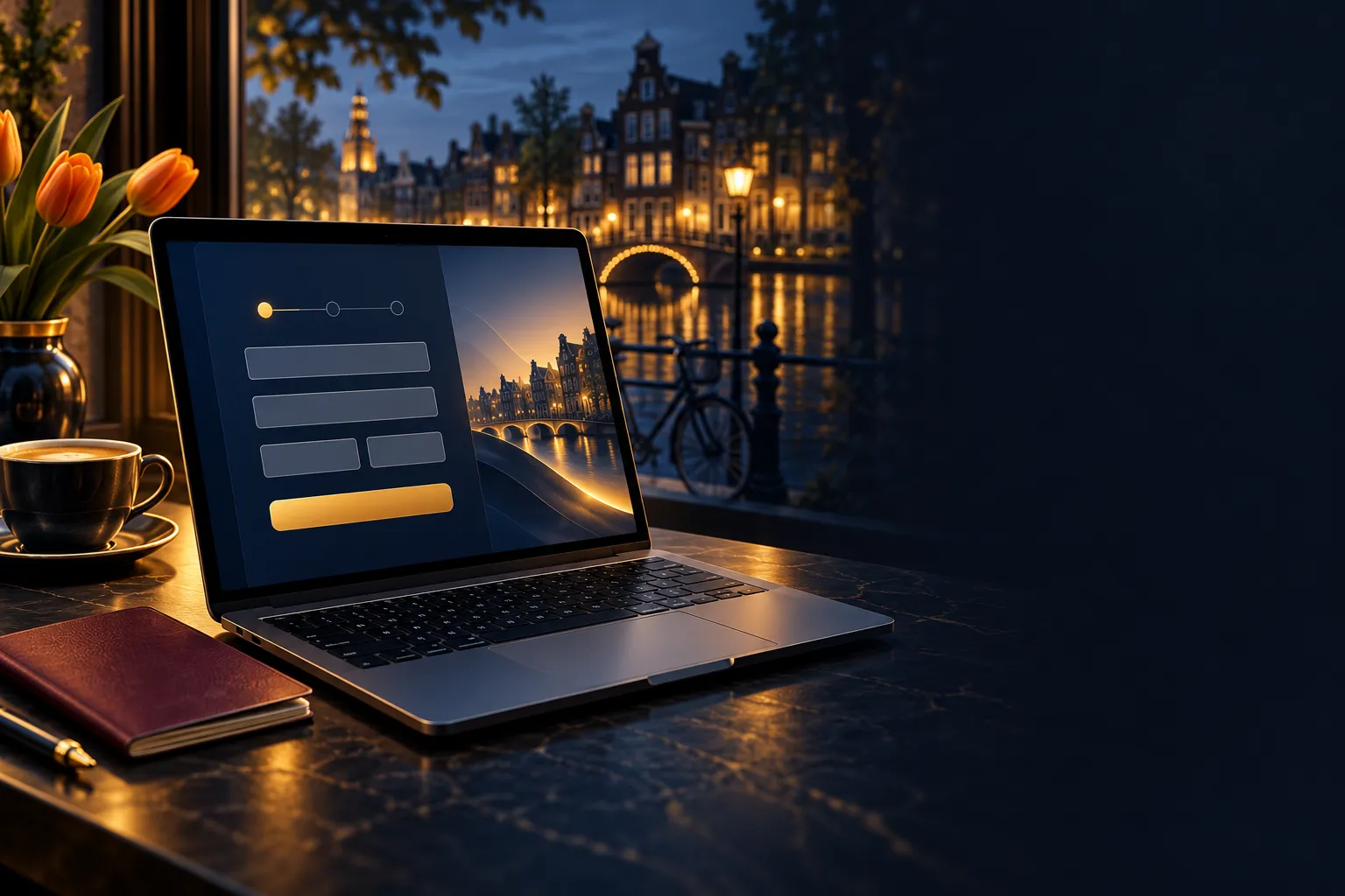Luxury dark-blue editorial illustration of a laptop displaying an abstract registration form beside a passport and coffee, wi