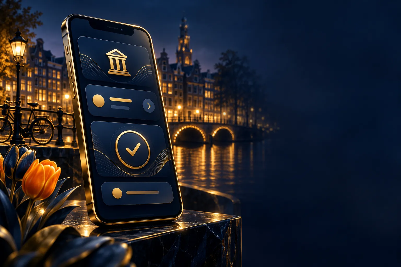 Luxurious dark navy and gold smartphone displaying abstract bank payment screen with confirmation checkmark, subtle Dutch can