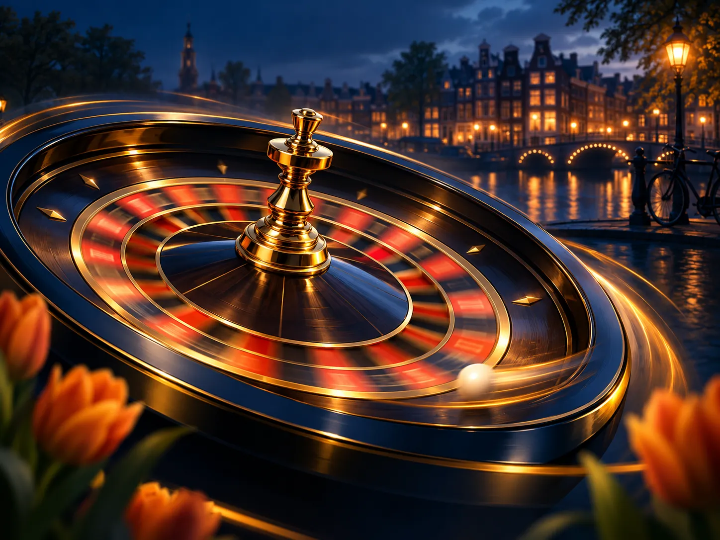 Abstract spinning roulette wheel in deep navy and rich gold with soft cinematic lighting and subtle Dutch canal-house silhoue