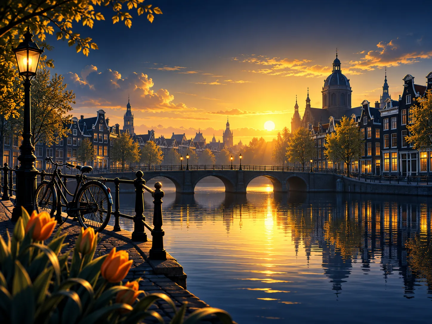 Cinematic sunrise over a calm Dutch canal-house skyline with gold and navy tones, tulip and bicycle silhouettes as subtle acc