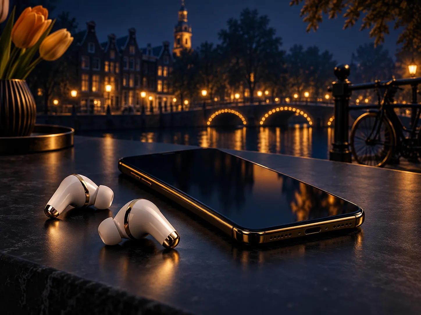 Wireless earbuds and smartphone resting on a dark navy table with soft gold accent lighting, minimal composition