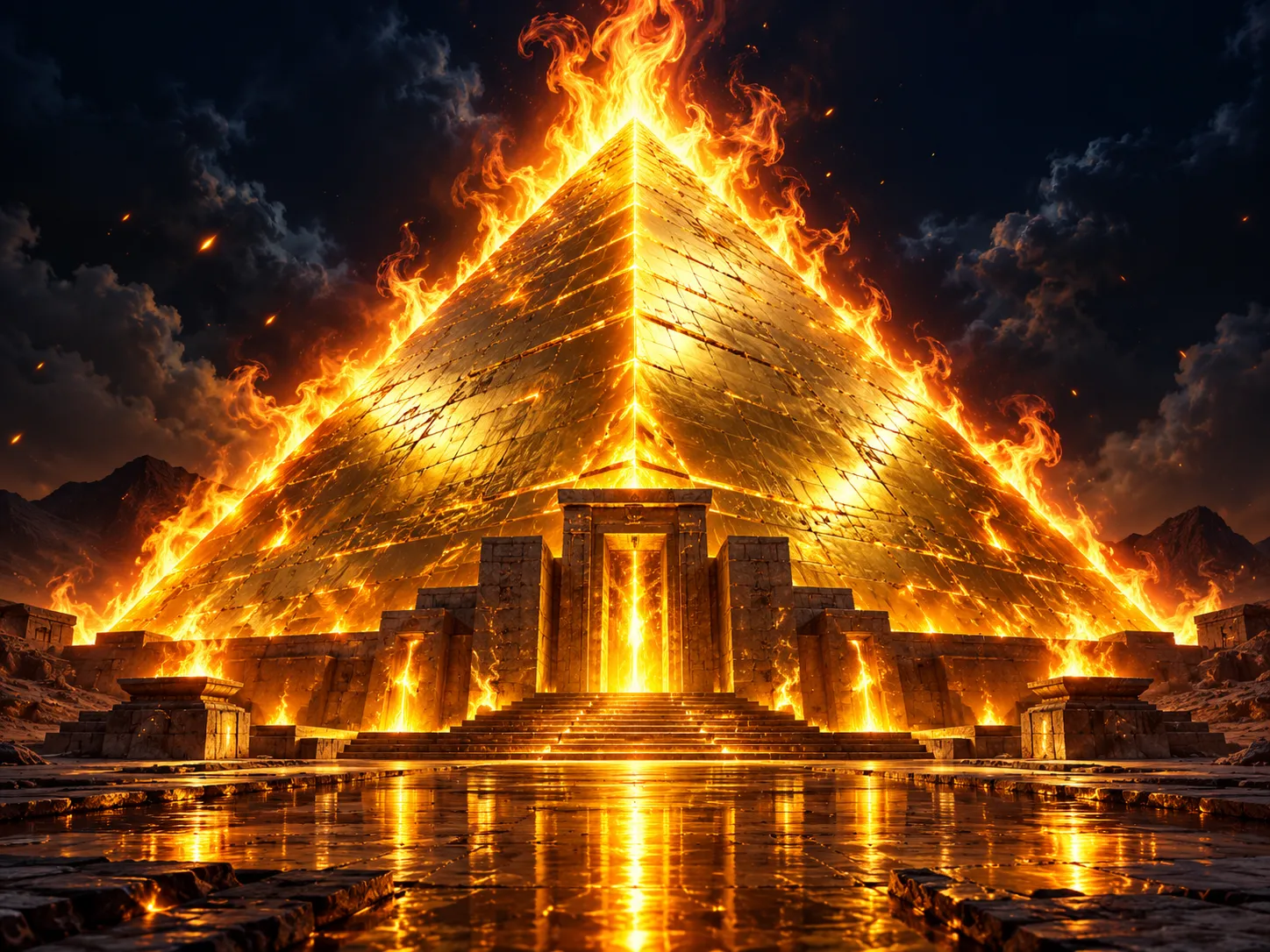 Dramatic 3D golden pyramid engulfed in flames against a dark navy night sky with cinematic lighting and warm gold accents