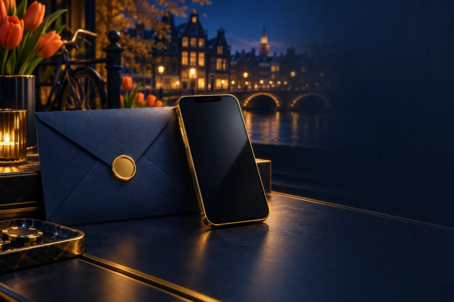 Elegant envelope and smartphone on a deep navy desk with gold accents, Dutch editorial casino hero banner