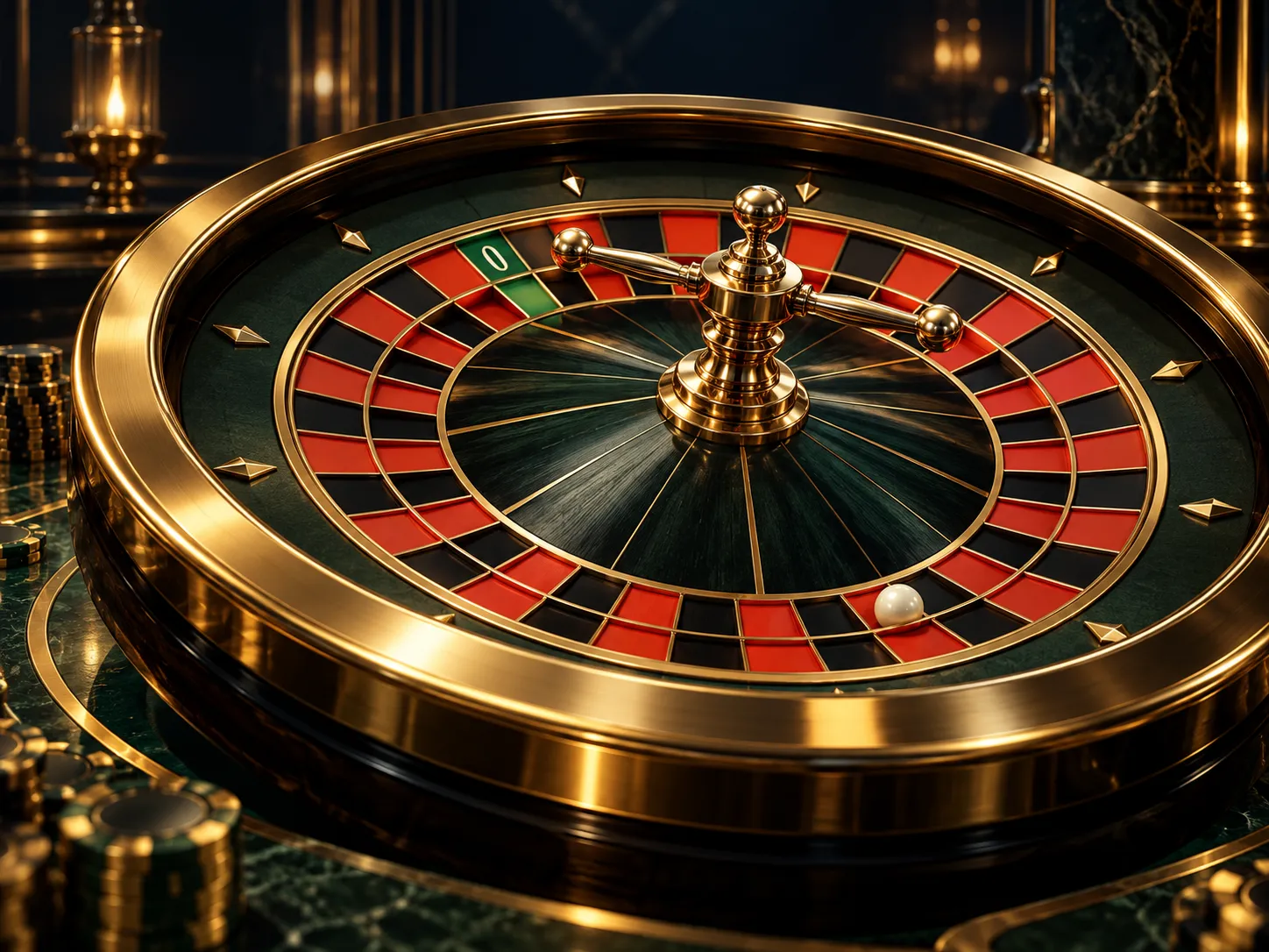 Elegant European roulette wheel with single zero and gold rim centred on dark navy-charcoal felt under dramatic cinematic lig
