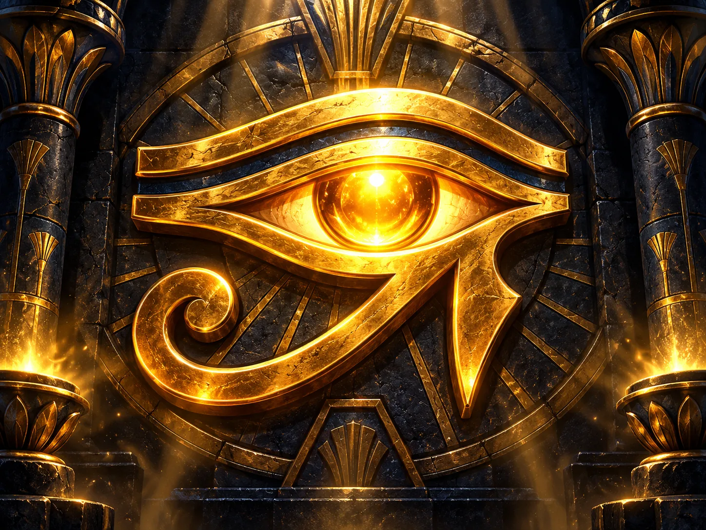 Glowing golden Eye of Horus emblem centred on dark navy-charcoal stone with dramatic cinematic warm gold lighting