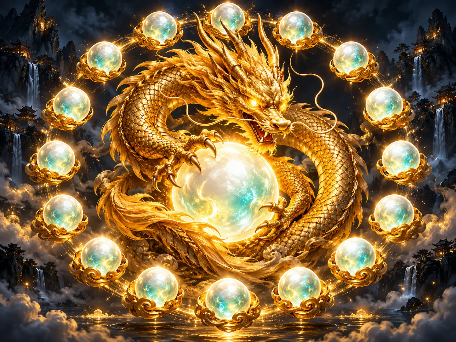 Fifteen luminous pearls surrounding a coiled gold dragon on a dark navy-charcoal background with dramatic cinematic lighting