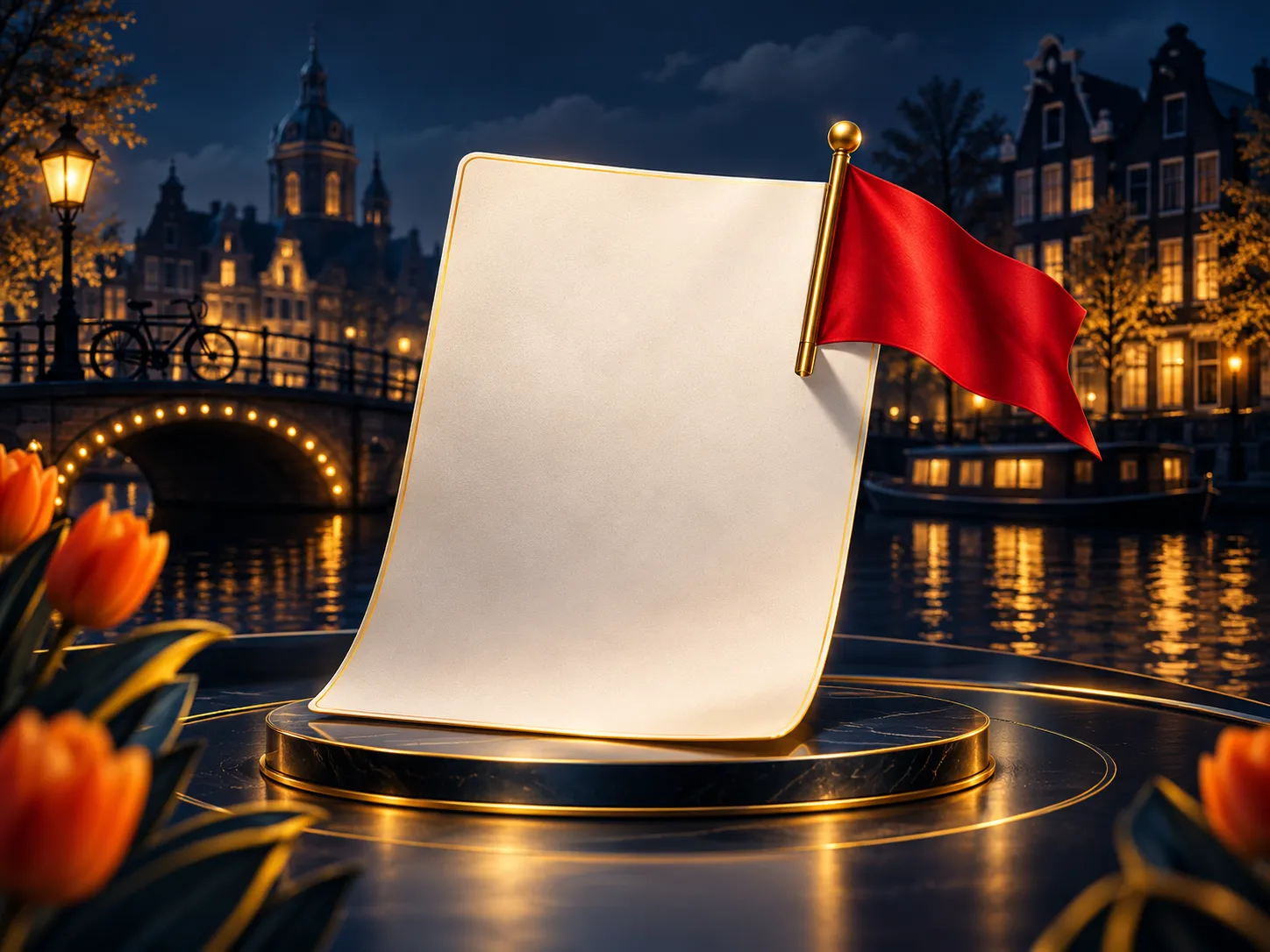 Abstract document with a bold red flag marker, deep navy and gold editorial illustration with subtle Dutch canal-house silhou